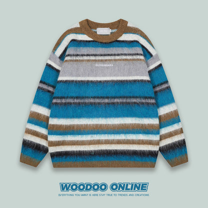 WOODOO Unisex Retro Knitted Sweater - Color Block Striped Round Neck Top