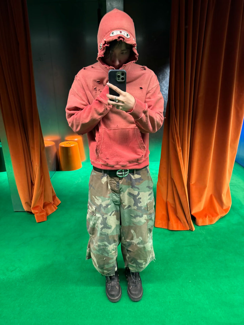 Bieber Same Style 25AW KAPITAL Kazuhiro Hirata Japanese Wax Dye Washed Destroyed Gemstone Hoodie