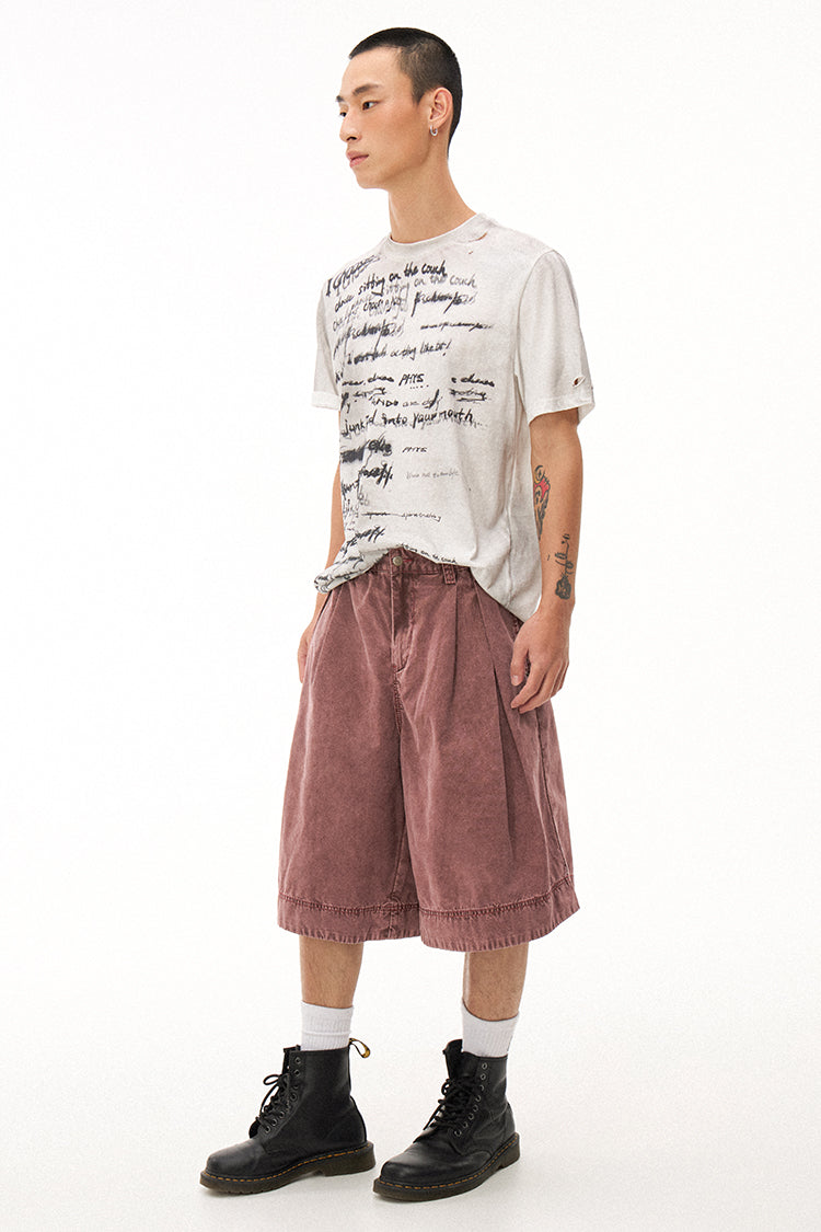 Handwritten Print Soft Skin-friendly Distressed Loose Short Sleeve T-shirt