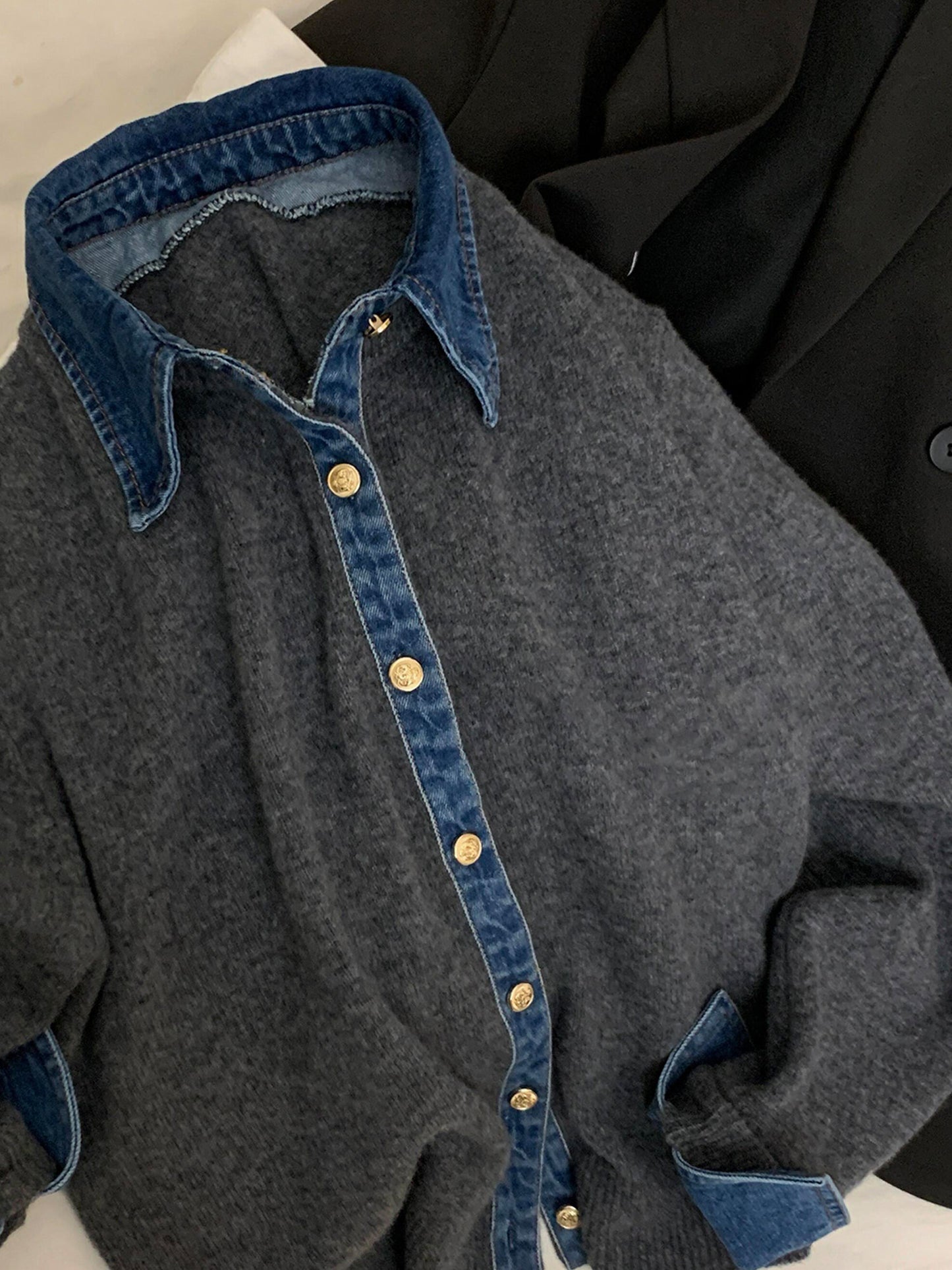 European Vintage Denim Patchwork Knit Cardigan - Polo Collar Sweater Jacket (Women)