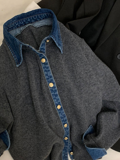 European Vintage Denim Patchwork Knit Cardigan - Polo Collar Sweater Jacket (Women)