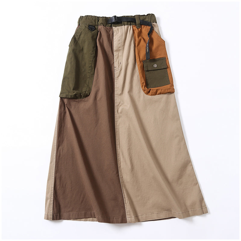 Japanese-Style Patchwork A-Line Skirt – Retro Loose Fit with Elastic Waist & Pockets