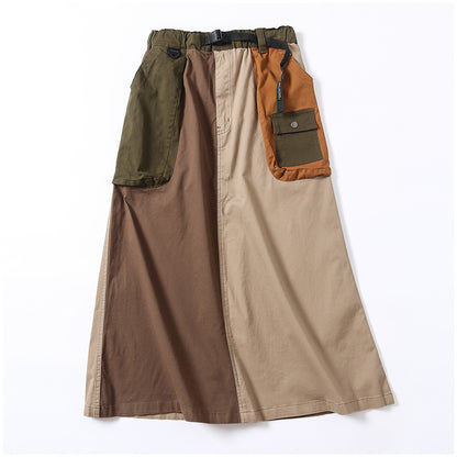 Japanese-Style Patchwork A-Line Skirt – Retro Loose Fit with Elastic Waist & Pockets