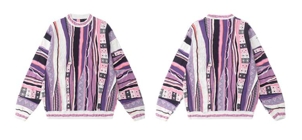 Medria Couple Retro Bitter Melon Stripe Sweater - Autumn Winter Purple Potion Pullover