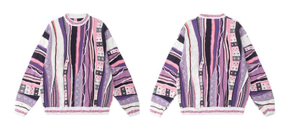 Medria Couple Retro Bitter Melon Stripe Sweater - Autumn Winter Purple Potion Pullover