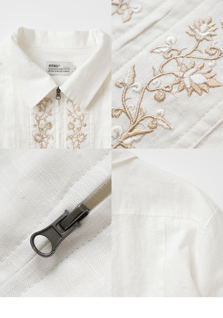 25SS Ramie Blend Passionflower Embroidery Washed Vintage Japanese Style Retro Short Sleeve Shirt