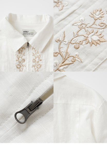25SS Ramie Blend Passionflower Embroidery Washed Vintage Japanese Style Retro Short Sleeve Shirt