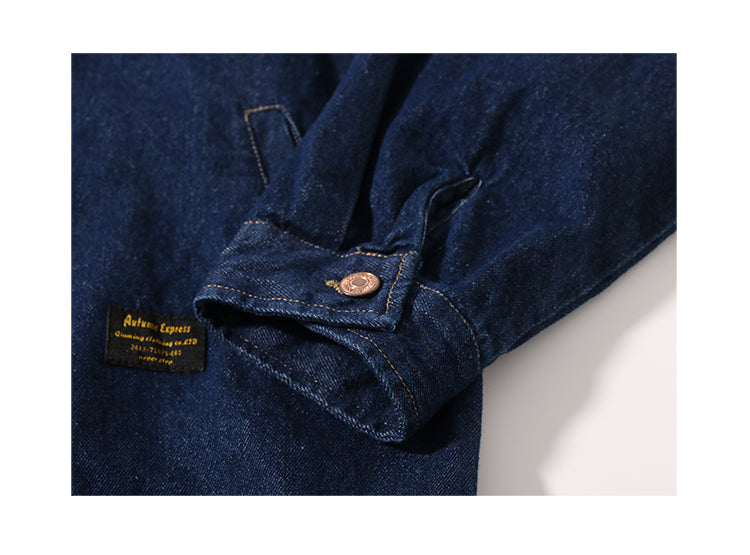 Japanese Retro Workwear Denim Shirt – Loose Turn-Down Collar for Spring/Autumn