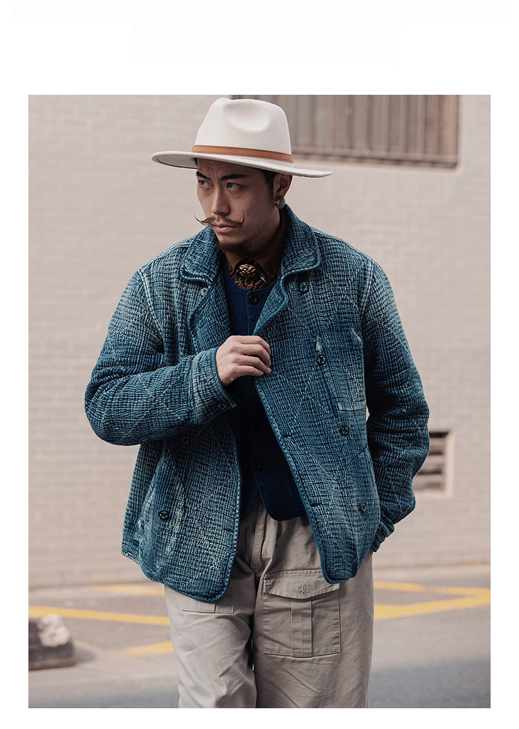 Retro Sashiko Washed Double-Breasted Jacket – Heavy Indigo Denim Workwear (Unisex)