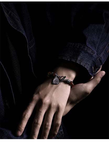 Yinshu Original Handmade &lt;Hammered&gt; Bracelet for Men Niche 999 Pure Silver Tiger Eye Stone Men's Vintage Bracelet