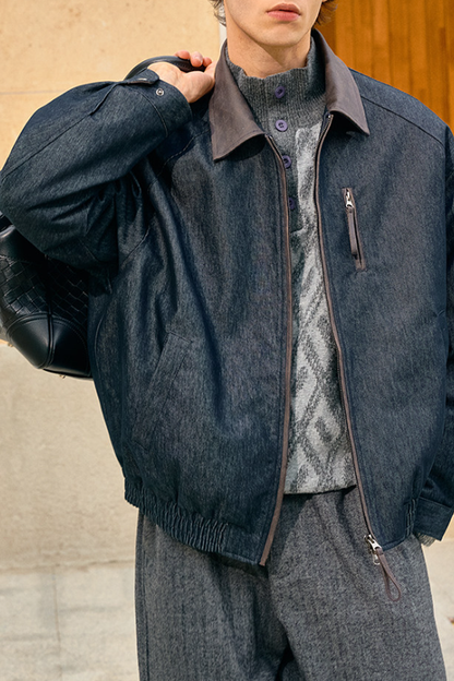 PU Leather Patchwork Faux Denim Jacket – American Vintage Loose Unisex