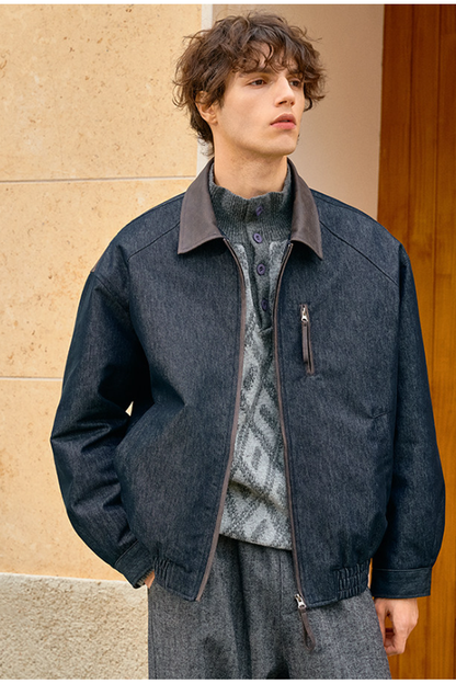 PU Leather Patchwork Faux Denim Jacket – American Vintage Loose Unisex