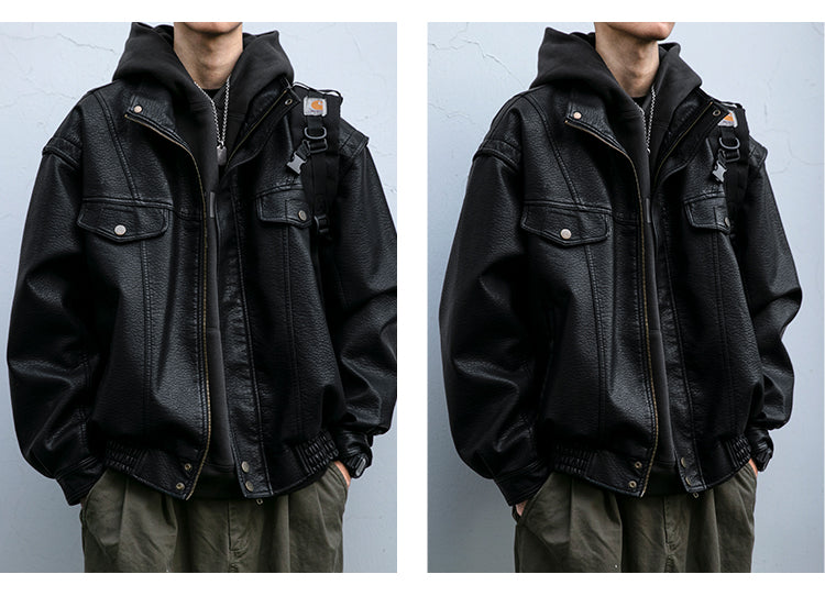 Men's American Retro Leather Jacket - Lychee Grain Stand Collar Motorcycle Coat