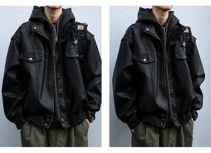 Men's American Retro Leather Jacket - Lychee Grain Stand Collar Motorcycle Coat