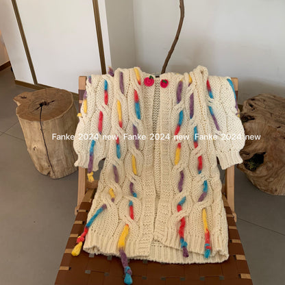 Women's 2024 Autumn Winter Lazy Style Long Cardigan - Soft Handmade Colorful Tassel Knitted Sweater