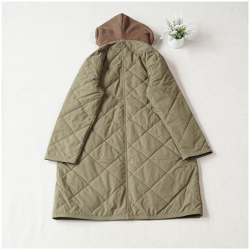Warm Mid-Length Hooded Quilted Cotton Jacket – Loose, Retro Japanese Outerwear for Women