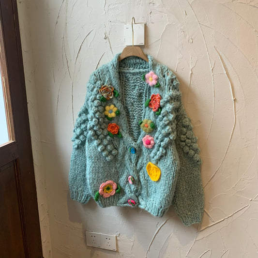 Women's 2024 Autumn Winter Thick Knitted Cardigan - Handmade 3D Crochet Flower Loose Sweater Coat