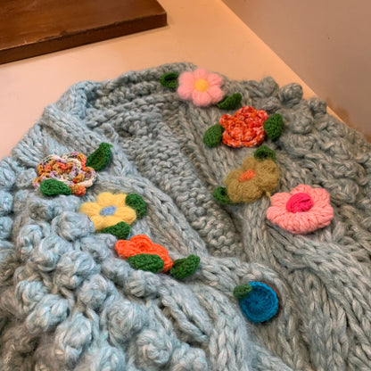 Women's 2024 Autumn Winter Thick Knitted Cardigan - Handmade 3D Crochet Flower Loose Sweater Coat