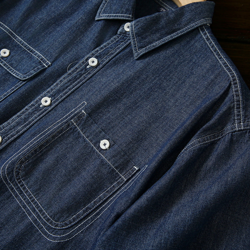 Pure Cotton Enzyme Wash! Export Surplus Men's Summer Turn-down Collar Denim Short Sleeve Shirt Top