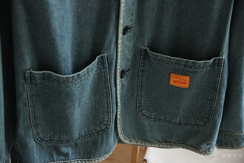 Autumn New Japanese Retro Washed Cotton Men's Casual Versatile Collarless Denim Jacket Coat Trend