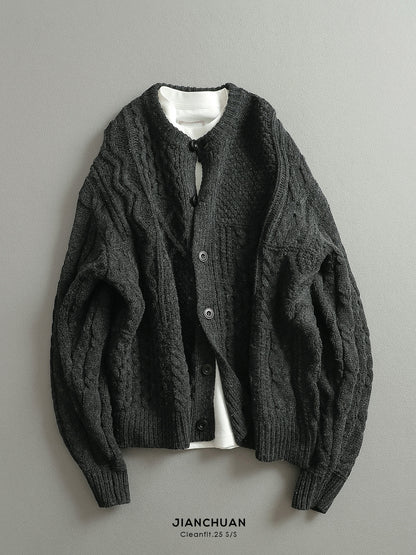 Men's Jianchuan Japanese Retro Cable Knit Cardigan - Autumn Winter Multi-Button Loose Sweater