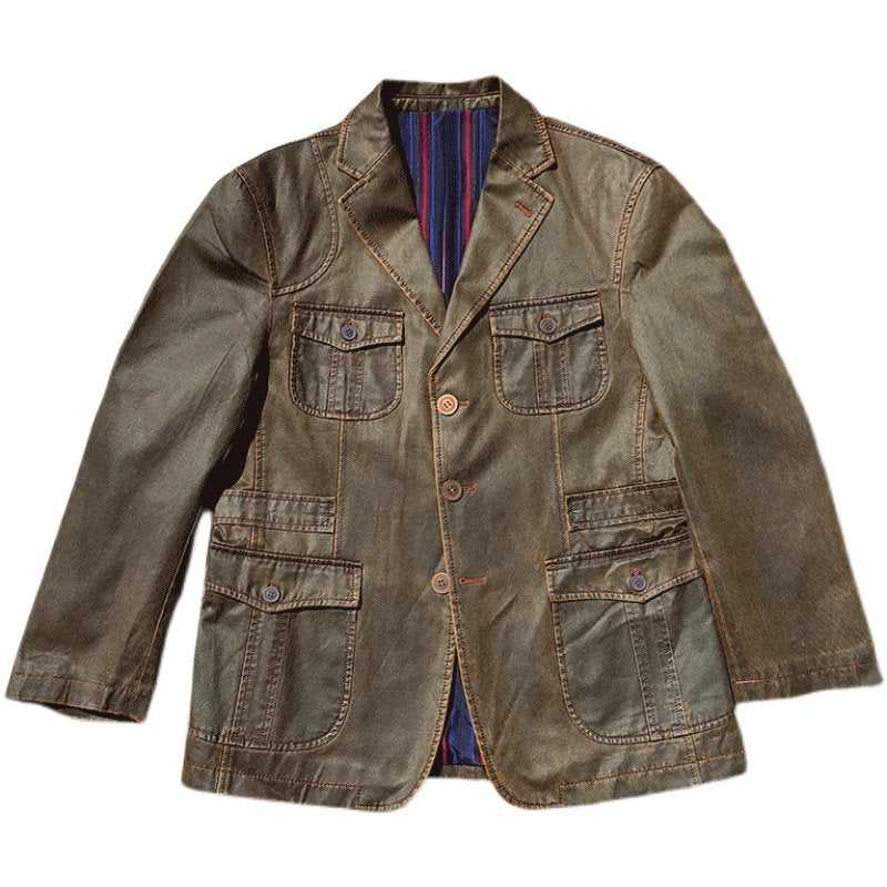 Dry Wax Cloth Hunting Suit Jacket - Vintage American Multi-Pocket Blazer (Men)