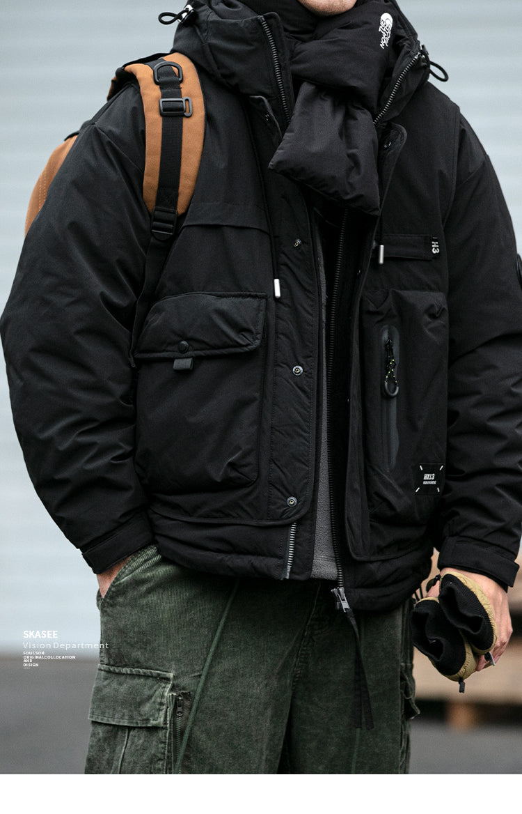 Winter Workwear Hooded Down Jacket Men's Trendy Loose Outdoor Multi-Pocket Functional 90% White Duck Down Warm Coat Trendy