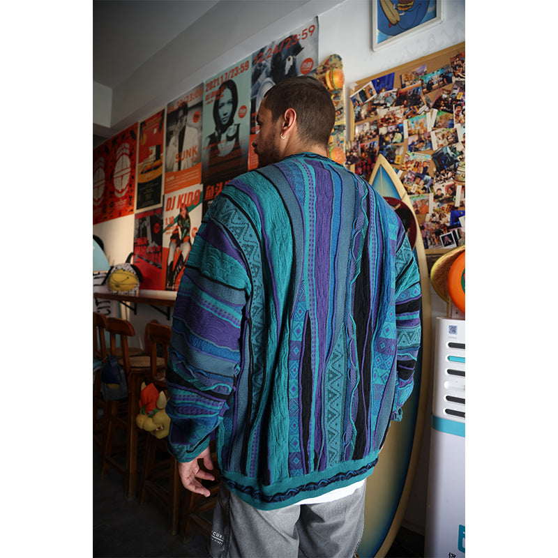 Medria Limited Edition Couple Sweater - 2022 Retro Blue-Green Bitter Melon Stripe Pullover