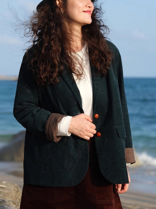 Pure Cotton Corduroy Color-Block Blazer - Manor Green Vintage Jacket 2025 (Women)
