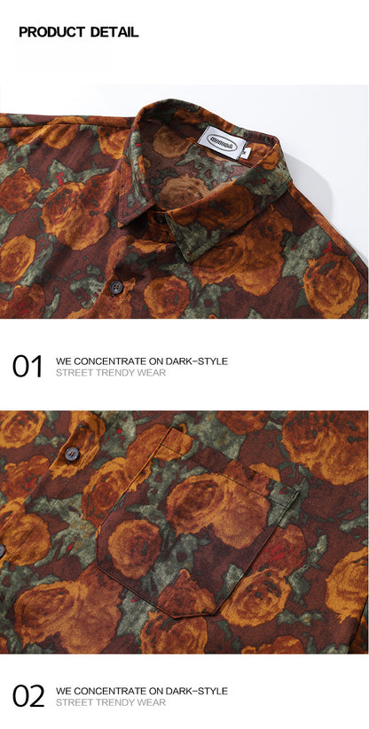 American Retro Oil Painting Floral Full Print Long Sleeve Shirt for Men, Autumn Street Style Loose Casual Floral Shirt