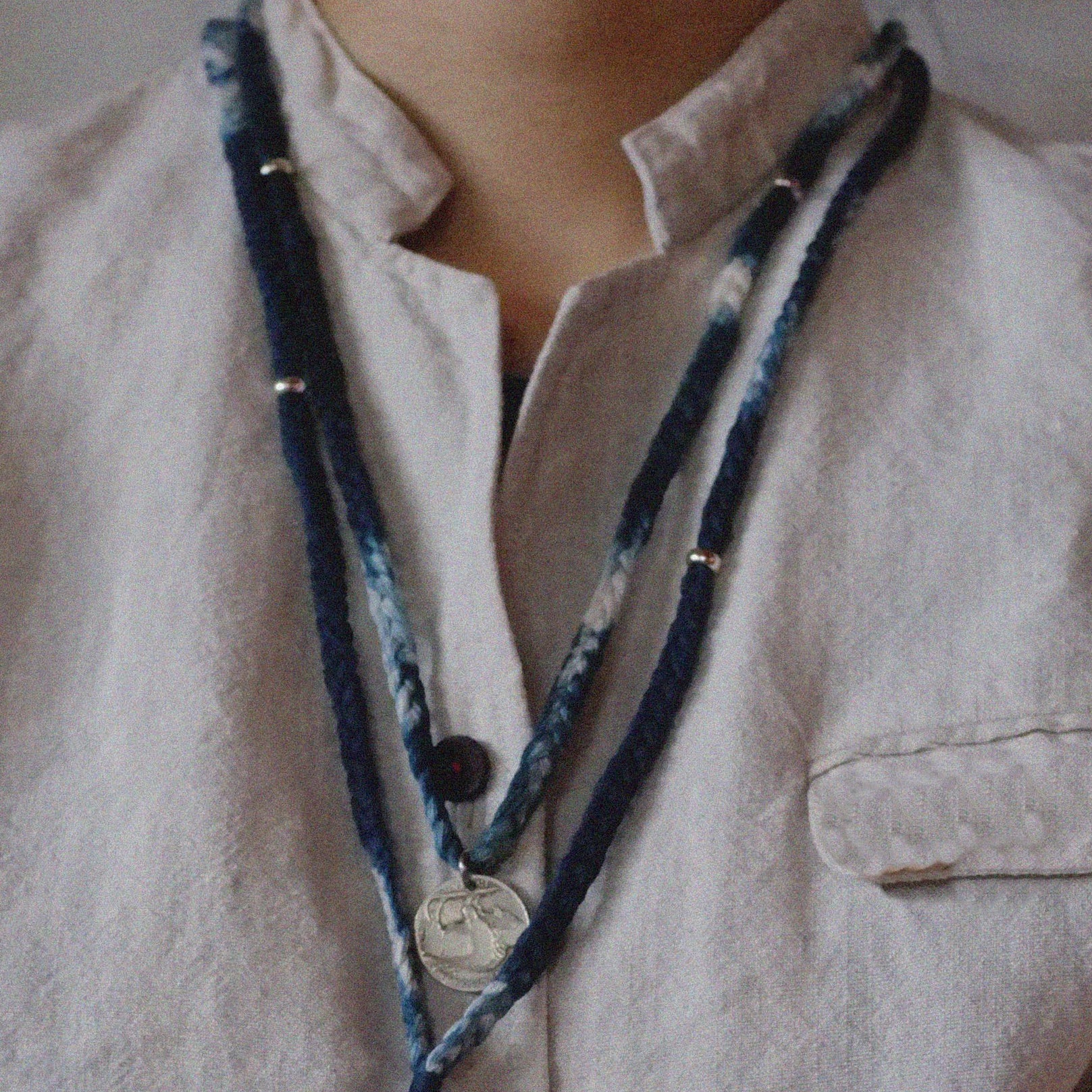 Original Indigo Dyed Vintage Indian Three-Strand Braided Silver Bead Necklace Plant-Dyed Hand Rope