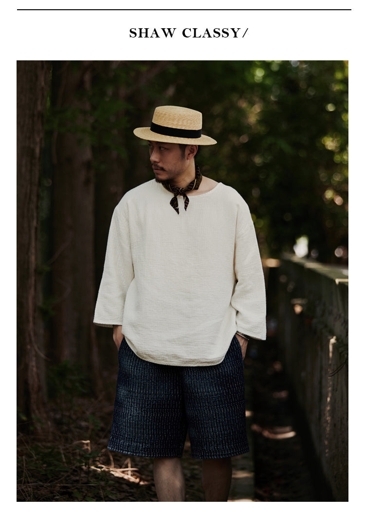 Original Japanese Retro White Sashiko Spring Summer Loose Couple Style Short Sleeve Embroidered Casual Three-Quarter Sleeve T-Shirt for Men