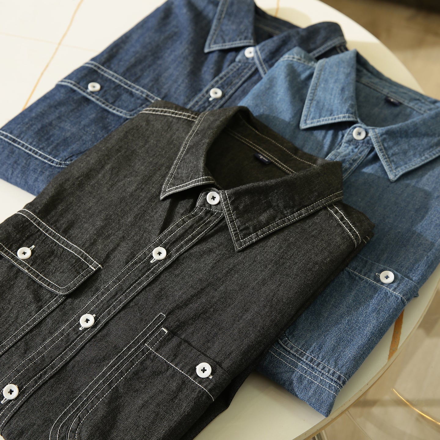 Pure Cotton Enzyme Wash! Export Surplus Men's Summer Turn-down Collar Denim Short Sleeve Shirt Top