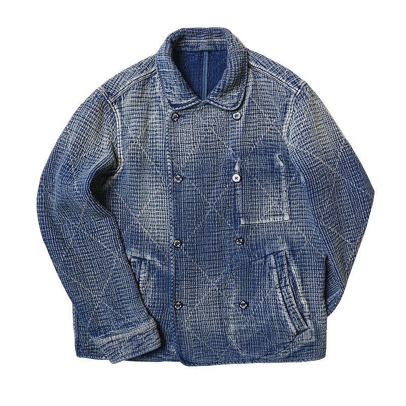 Retro Sashiko Washed Double-Breasted Jacket – Heavy Indigo Denim Workwear (Unisex)