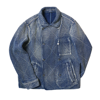 Retro Sashiko Washed Double-Breasted Jacket – Heavy Indigo Denim Workwear (Unisex)