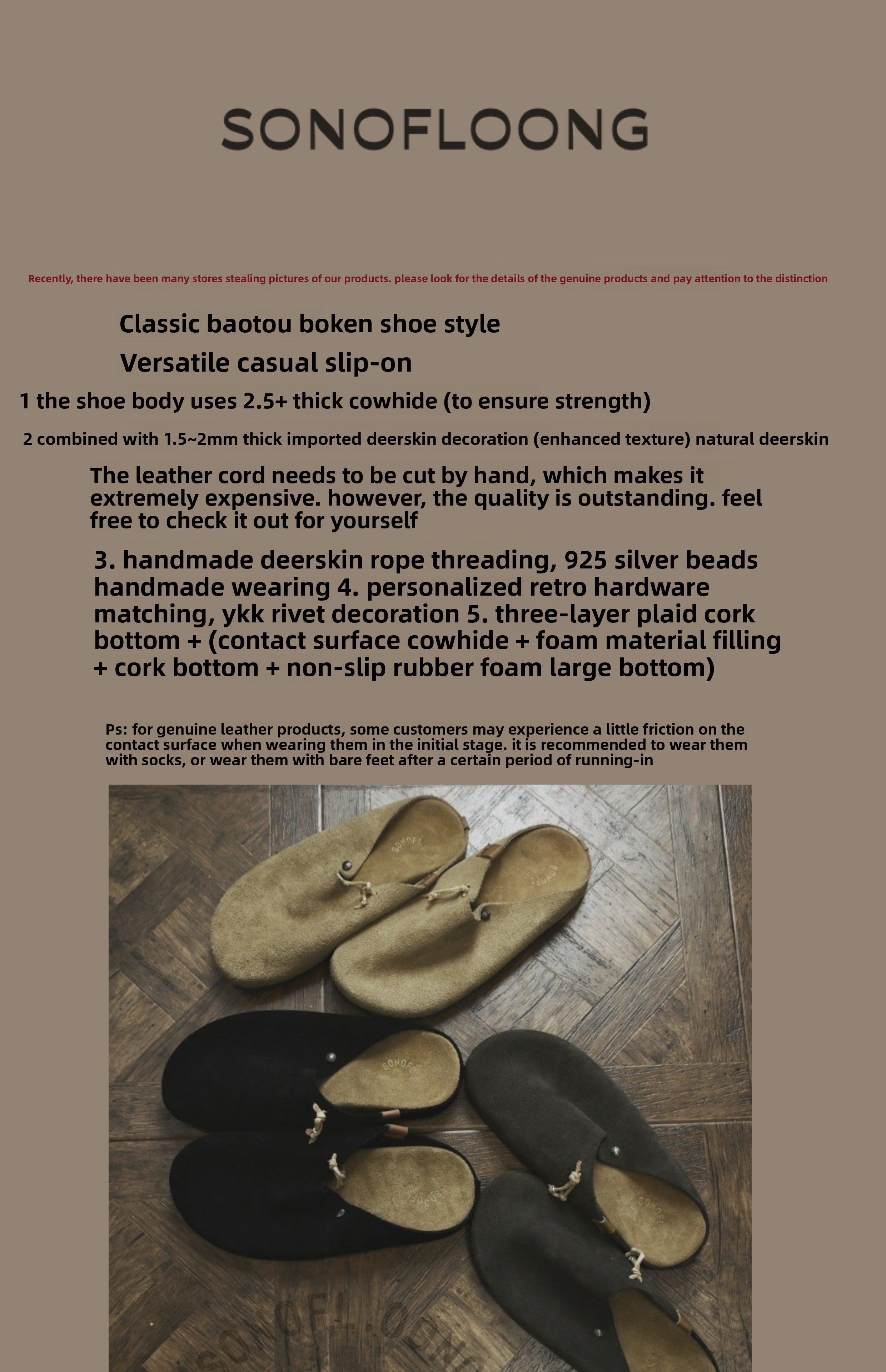 Sonofloong Retro Genuine Leather Mules - Silver Buckle Thick-Soled Cork Birkenstock Style