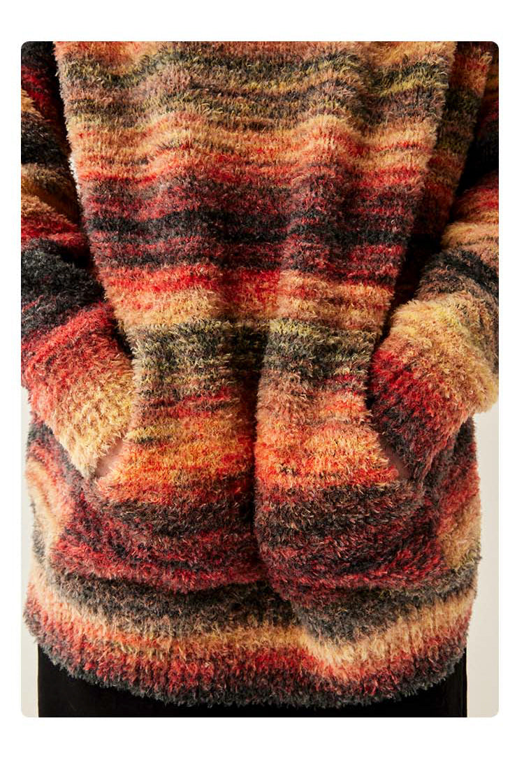 MEDRIA Retro Colorful Hoodie Knitwear for Men and Women Autumn Winter National Trend Loose Lazy Style Warm Sweatshirt Couple Outfit