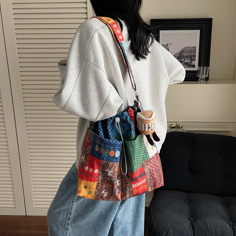 Niche Original Retro Color-Block Ethnic Style 2025 Spring New Denim Bag Single Shoulder Crossbody Canvas Bag for Women