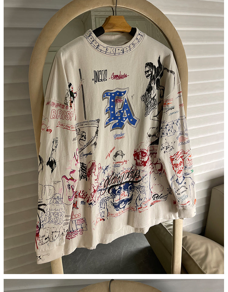 Quan Zhilong “Saint Michael” Rhinestone Graffiti Long-Sleeve Tee – Unisex Streetwear Vintage Base