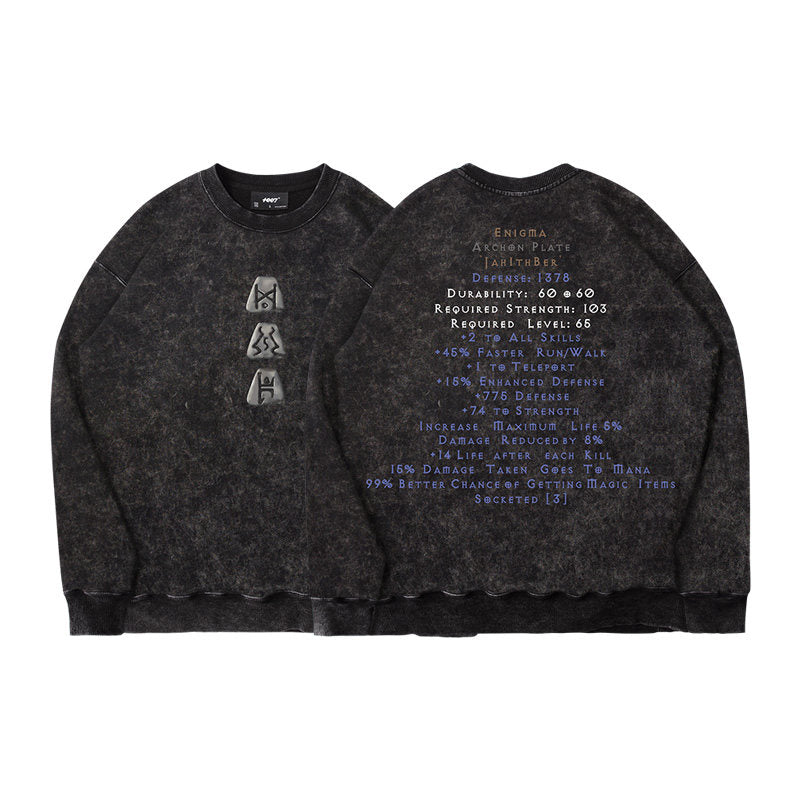TEE7 Diablo Rune Mystery Crewneck Sweatshirt - Vintage Washed Heavyweight Cotton (Unisex)