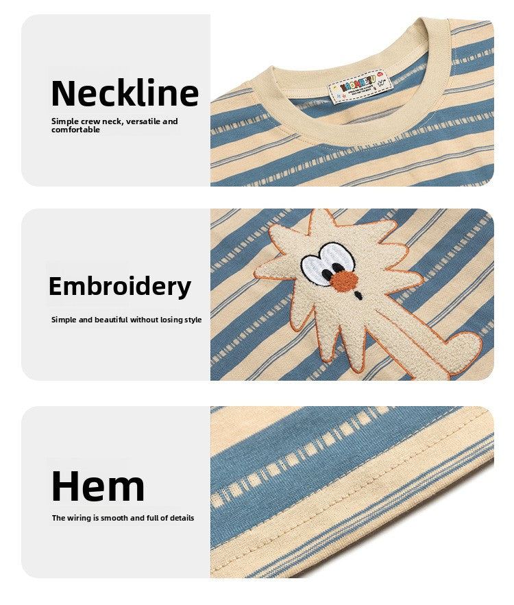 Japanese Style Casual Cartoon Color Block Striped Short Sleeve Men's T-Shirt Summer Oversize Lazy Half Sleeve Tee