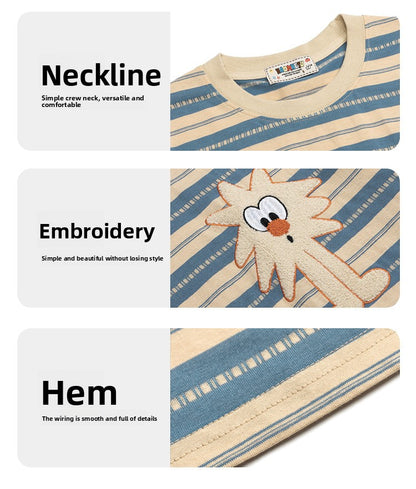 Japanese Style Casual Cartoon Color Block Striped Short Sleeve Men's T-Shirt Summer Oversize Lazy Half Sleeve Tee