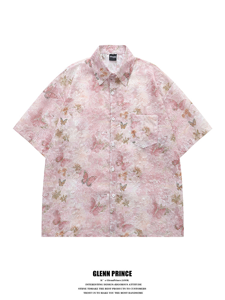 Lazy Style Tassel Butterfly Full Print Short Sleeve Shirt for Men Summer Design Sense Niche Beach Floral Shirt