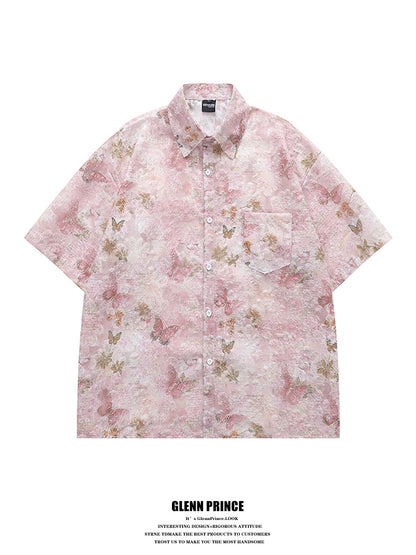 Lazy Style Tassel Butterfly Full Print Short Sleeve Shirt for Men Summer Design Sense Niche Beach Floral Shirt