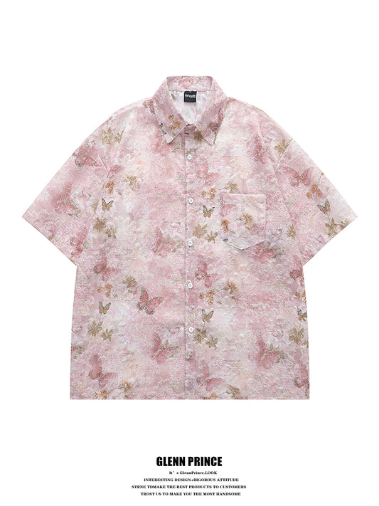 Lazy Style Tassel Butterfly Full Print Short Sleeve Shirt for Men Summer Design Sense Niche Beach Floral Shirt