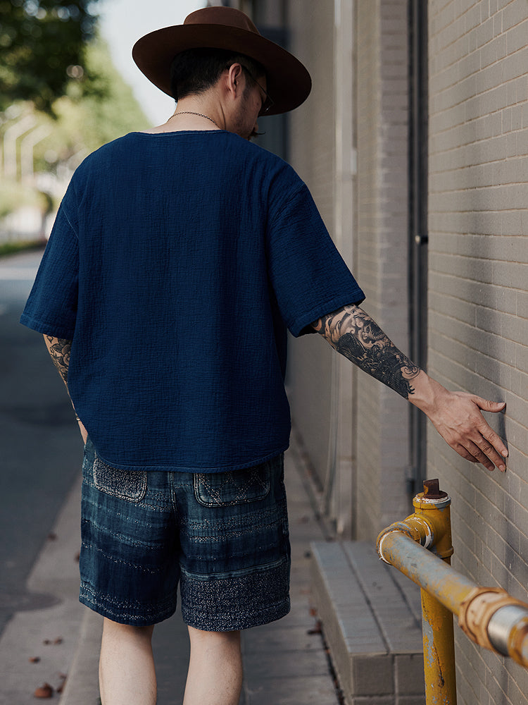 Original Japanese Retro Indigo Dyed Loose Couple Style Casual Short Sleeve T-Shirt