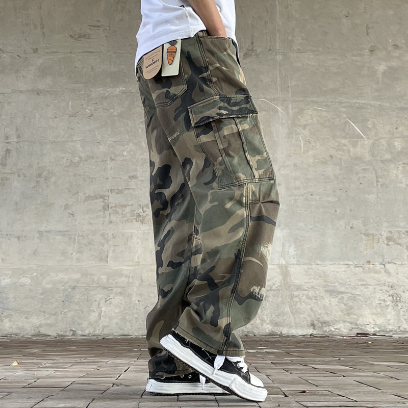 Men's American Street Retro Cargo Pants - Camouflage Heavy Washed Ripped Straight-Leg Pants