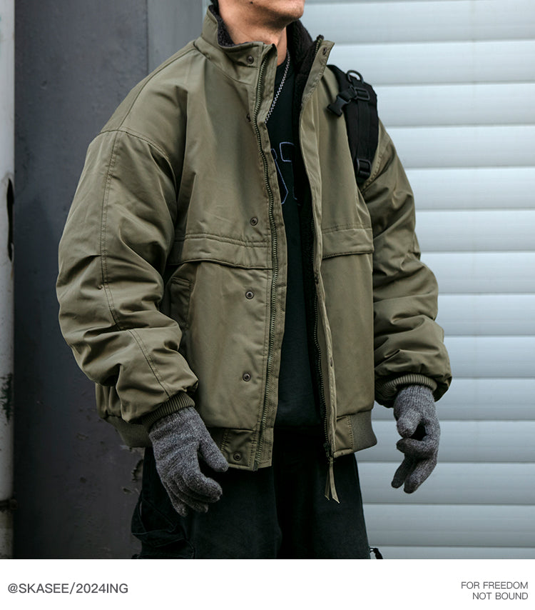 Japanese Style Trendy Brand Lamb Wool Stand Collar Cotton Jacket Men Winter Trendy Brand Couple Loose Thickened Warm Workwear Cotton Coat Jacket