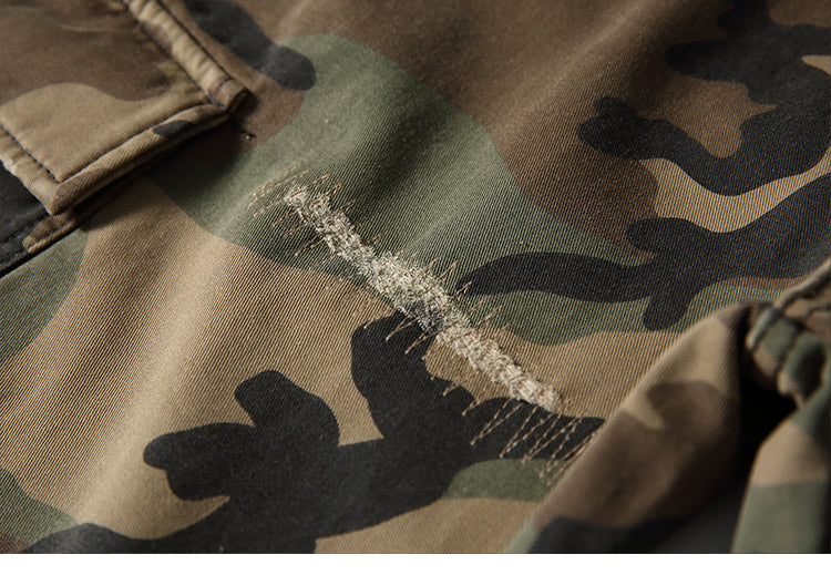 Men's American Street Retro Cargo Pants - Camouflage Heavy Washed Ripped Straight-Leg Pants