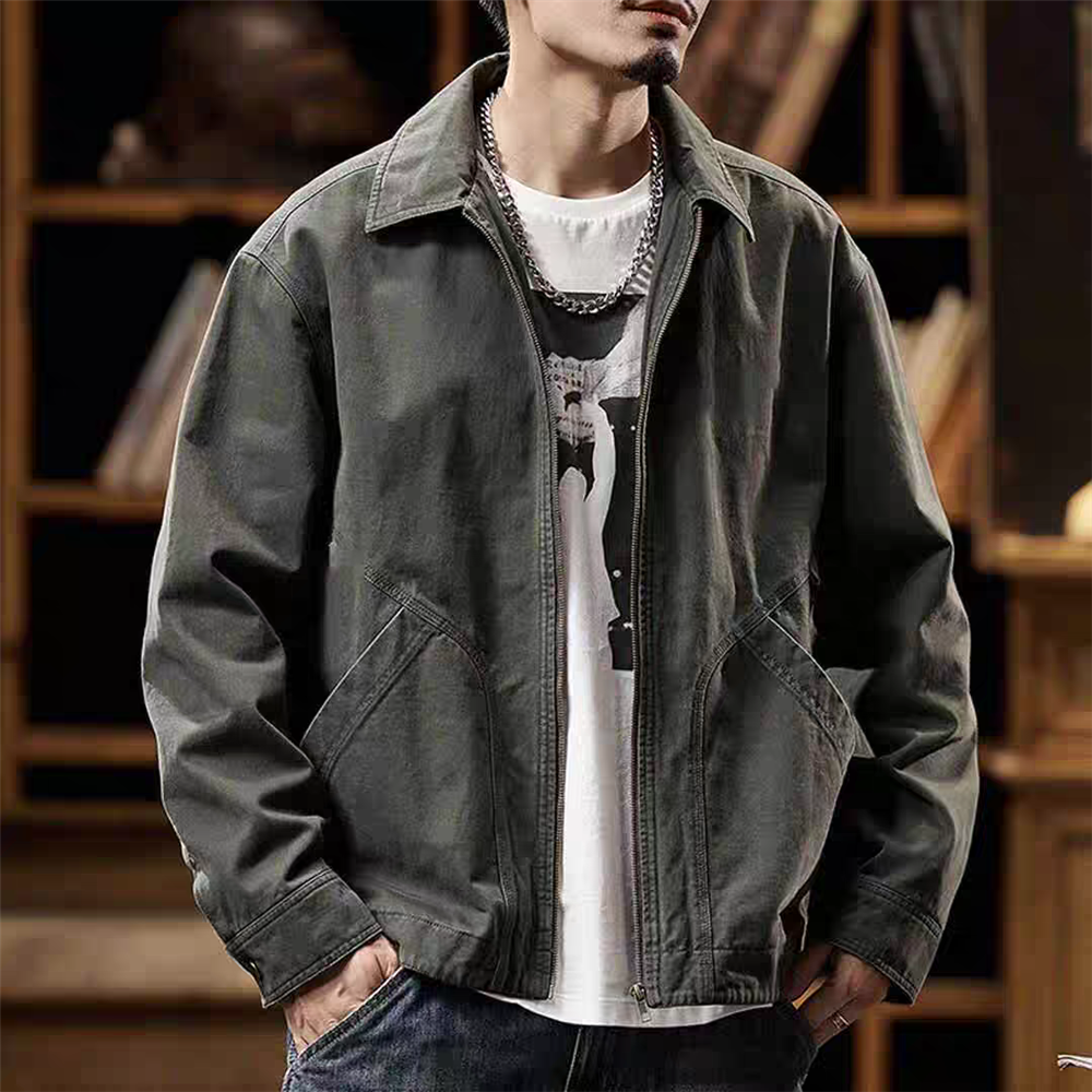 Men's American Retro Workwear Jacket - Autumn Winter Solid Color Pocket Design Casual All-Match Coat